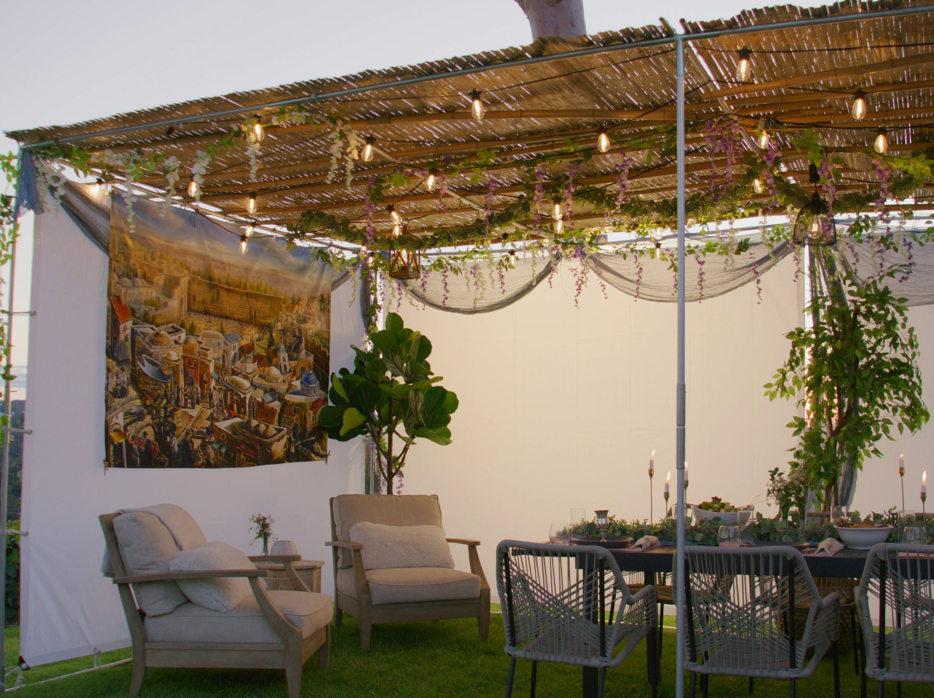 Kosher-certified bamboo schach mat rolled out on a sukkah frame – lightweight, durable, halachic roofing
